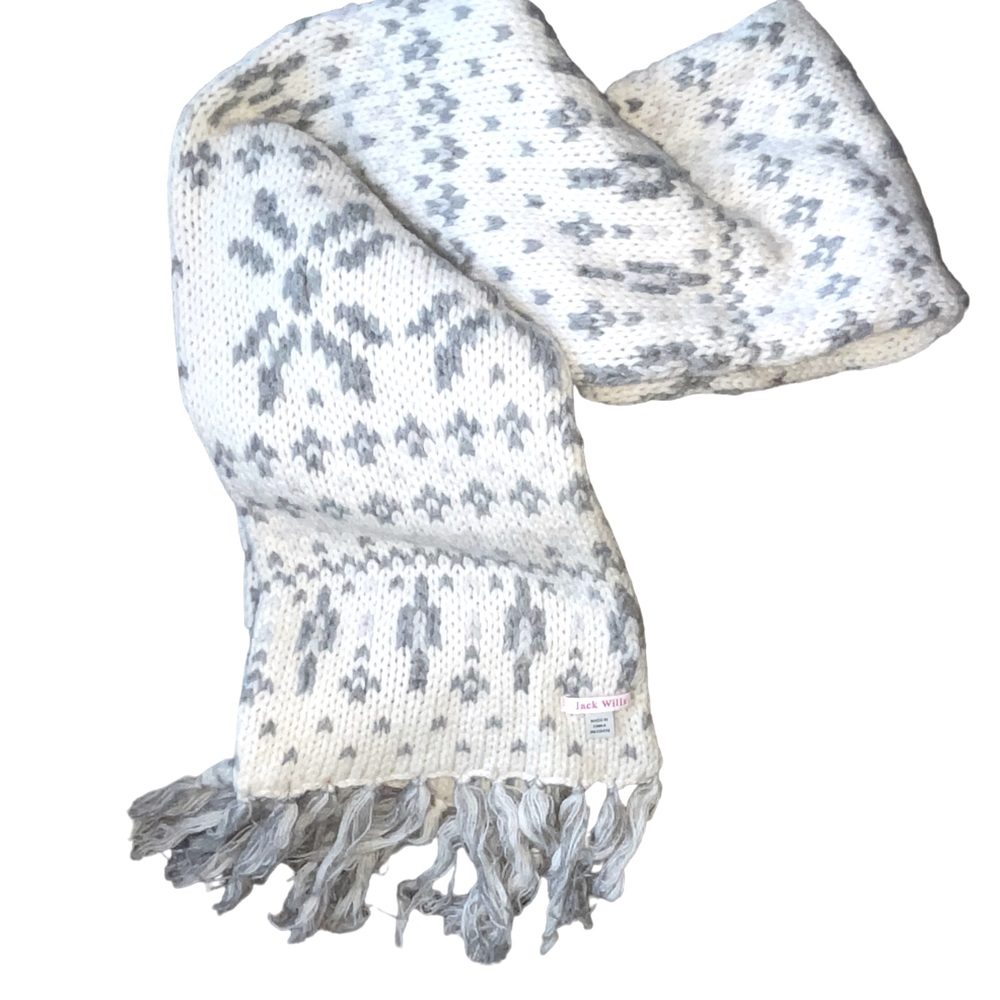 Jack Wills Chunky Knit Fair Isle Winterโ Scarf Cream Grey Fringed